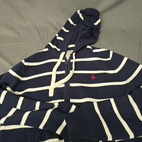 JACK WILLS KNITWEAR HOODED STRIPED CARDIGAN – NAVY & WHITE, ZIP FRONT, SIZE M