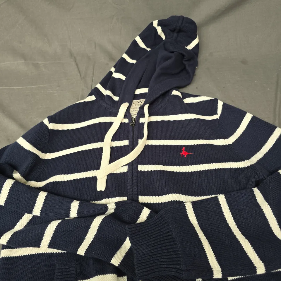 JACK WILLS KNITWEAR HOODED STRIPED CARDIGAN – NAVY & WHITE, ZIP FRONT, SIZE M