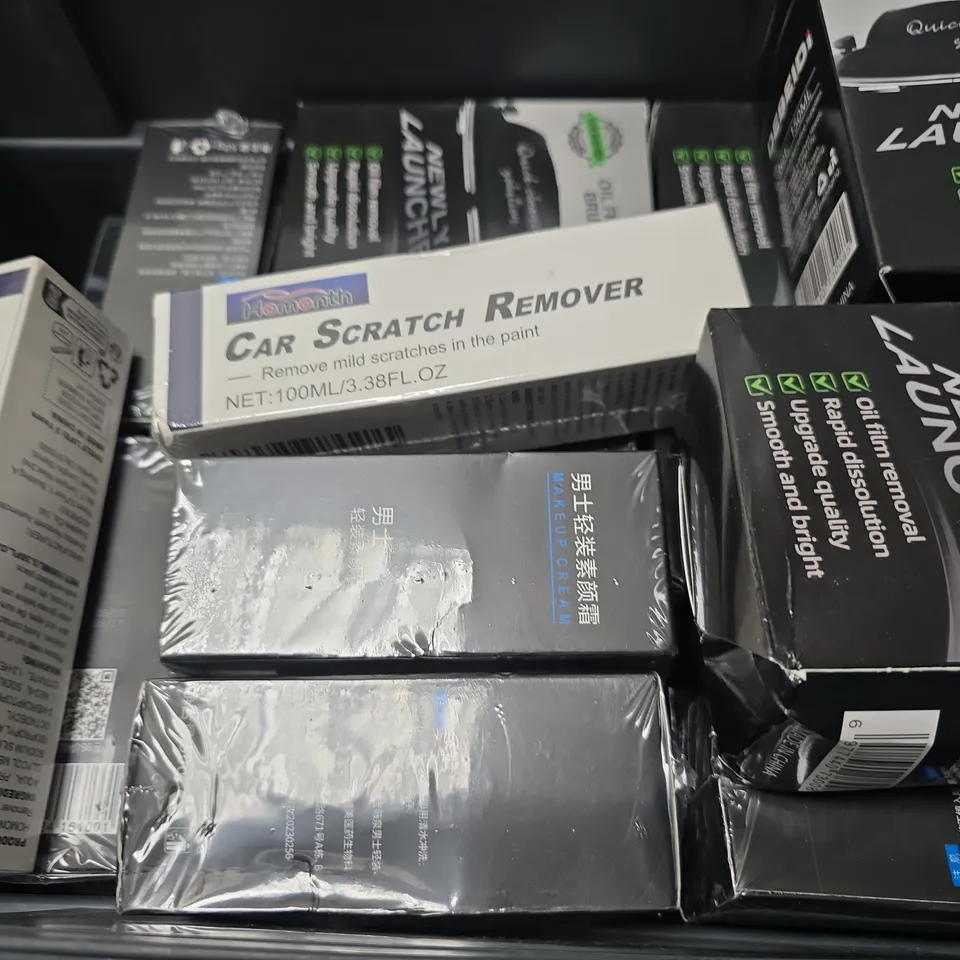 APPROXIMATELY 15 ASSORTED ITEMS TO INCLUDE - CAR SCRATCH REMOVER , OIL FILM 2.0 BRUSH , MAKEUP CREAM 