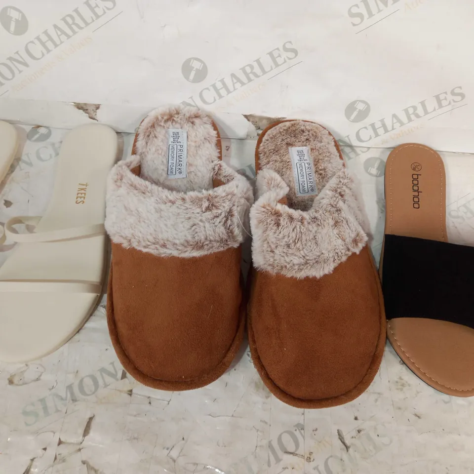 BOX OF APPROXIMATELY 15 ASSORTED PAIRS OF SHOES AND FOOTWEAR ITEMS IN VARIOUS STYLES & SIZES TO INCLUDE PRIMARK, BOOHOO, KEES, ETC