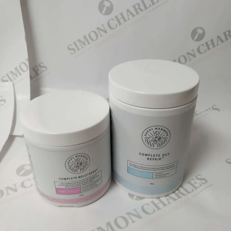 TWO ASSORTED HAPPY MAMMOTH PRODUCTS TO INCLUDE; COMPLETE GUT REPAIR 360G AND COMPLETE BELLY RESET 240G
