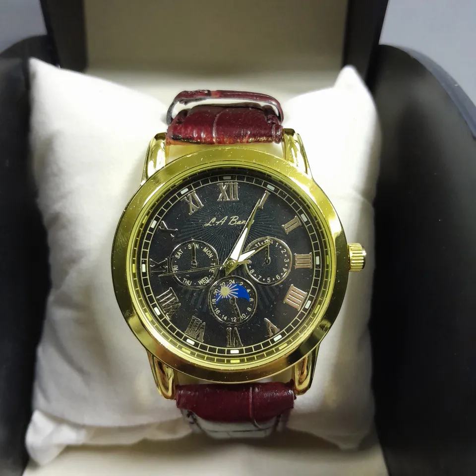 BOXED LA BANUS QUARTZ CHRONOGRAPH WATCH WITH BLACK DIAL & BURGUNDY STRAP