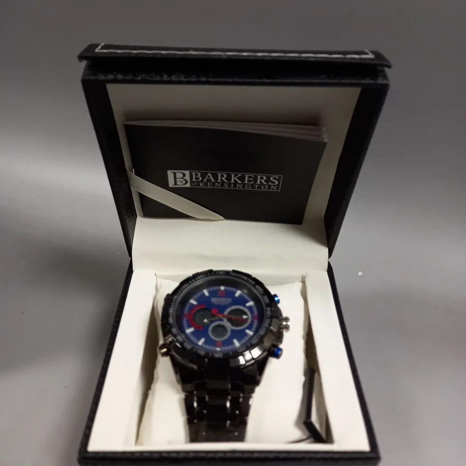BOXED BARKERS OF KENSINGTON MEGA SPORT BLUE DIAL WATCH 