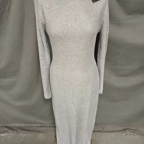 4TH + RECKLESS KNITTED SEQUIN LONG SLEEVE MAXI DRESS IN SILVER SIZE 10