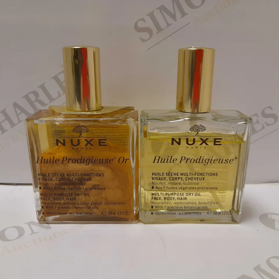 LOT OF 2 NUXE PRODUCTS TO INCLUDE HUILE PRODIGIEUSE MULTI-USAGE DRY OIL 100ML & NUXE HUILE PRODIGIEUSE OR MULTI-USAGE DRY OIL 100ML