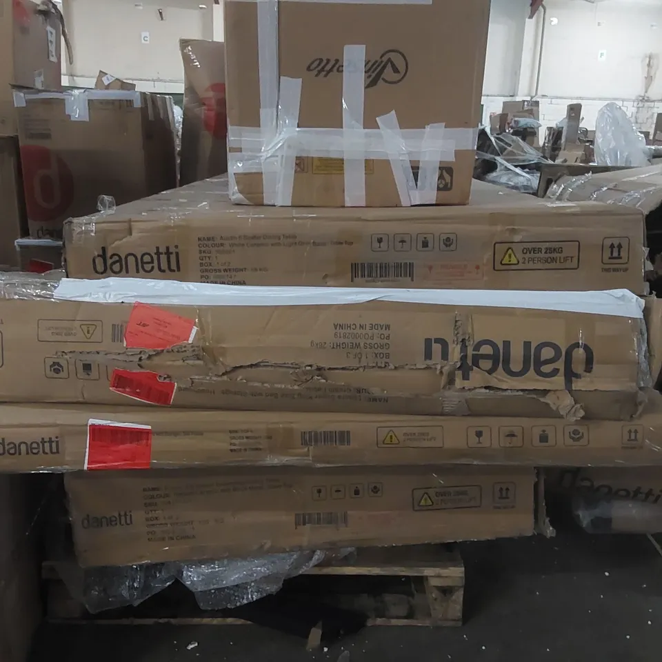 PALLET CONTAINING A LARGE QUANTITY OF ASSORTED DESIGNER DANETTI FURNITURE PARTS INCLUDING: TABLE PARTS, BED PARTS ECT