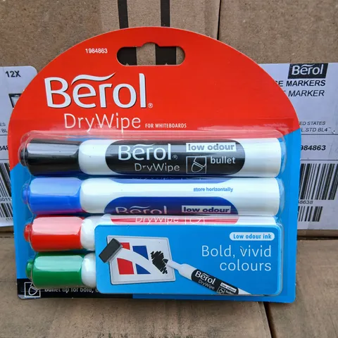 TEN BOXES OF 12 BEROL DRYWIPE WHITEBOARD MARKERS – 4 PACK (LOW ODOUR)