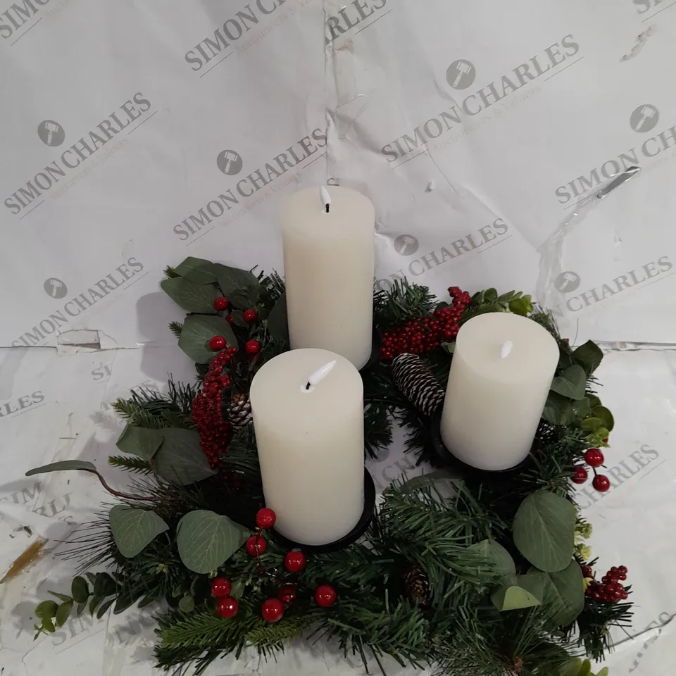 HOME REFLECTIONS 3 IN 1 FLAMELESS CANDLE WITH WREATH SET RED BERRY