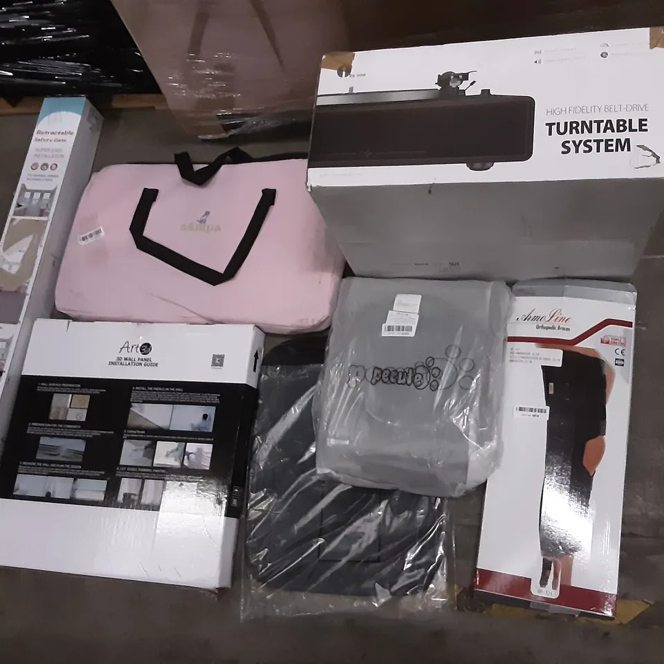 PALLET OF ASSORTED PRODUCTS INCLUDING HIGH FIDELITY BELT-DRIVE TURNTABLE SYSTEM, PECUTE PET BACKPACK, KNEE IMMOBILISER, RETRACTABLE SAFETY GATE, ART3D 3D WALL PANEL, ZAMPA