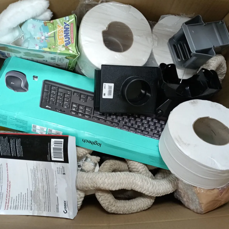 APPROXIMATELY 12 ASSORTED ITEMS TO INCLUDE TOILET ROLL, LOGITECH KEYBOARD, BEST BUNNY TOY, ETC - COLLECTION ONLY