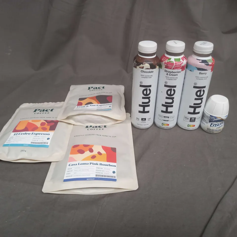 APPROXIMATELY 10 ASSORTED FOOD AND DRINK ITEMS TO INCLUDE HUEL, PACT COFFEE AND ENSURE - COLLECTION ONLY