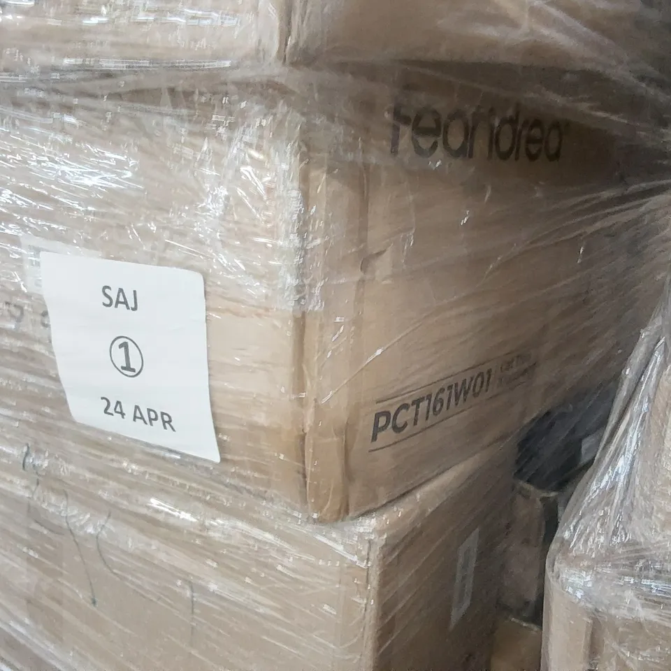 PALLET CONTAINING A LARGE QUANTITY OF ASSORTED FURNITURE INCLUDING: SHOE BOX, CAT TREES, STORAGE OTTOMAN, LAUNDRY BASKET ECT