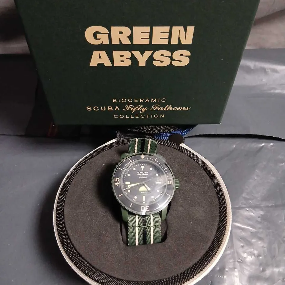 BLANCPAIN X SWATCH BIOCERAMIC SCUBA FIFTY FATHOMS WATCH – GREEN, NATO STRAP