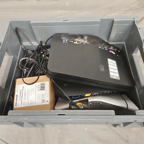 TOTE OF ASSORTED HOUSEHOLD ITEM TO INCLUDE WIFI ROUTERS, CABLES AND REMOTES 