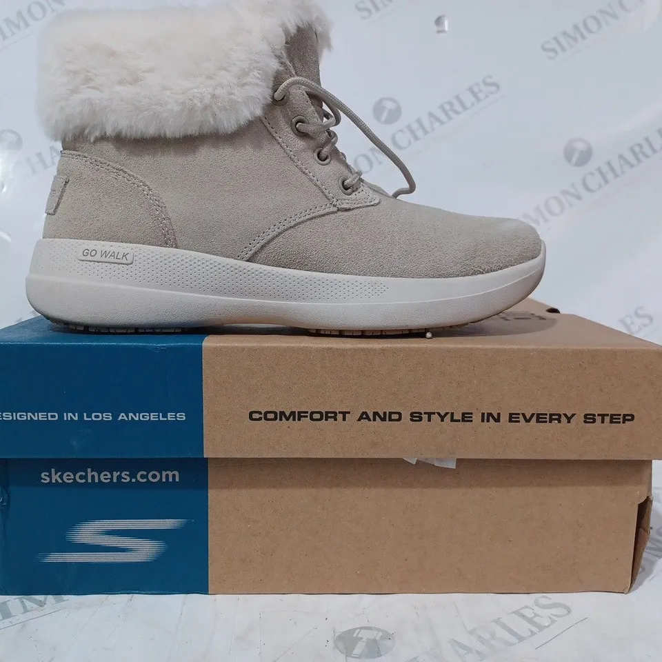 BOXED PAIR OF SKECHERS GO WALK SHOES IN TAUPE SIZE 3