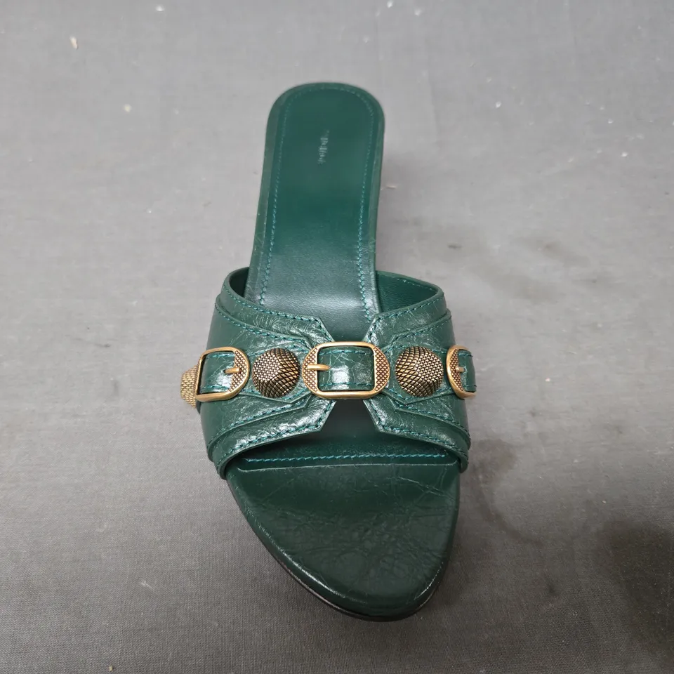 BOXED PAIR OF BALENCIAGA OPEN TOE LOW HEEL SANDALS IN DARK GREEN EU SIZE 38