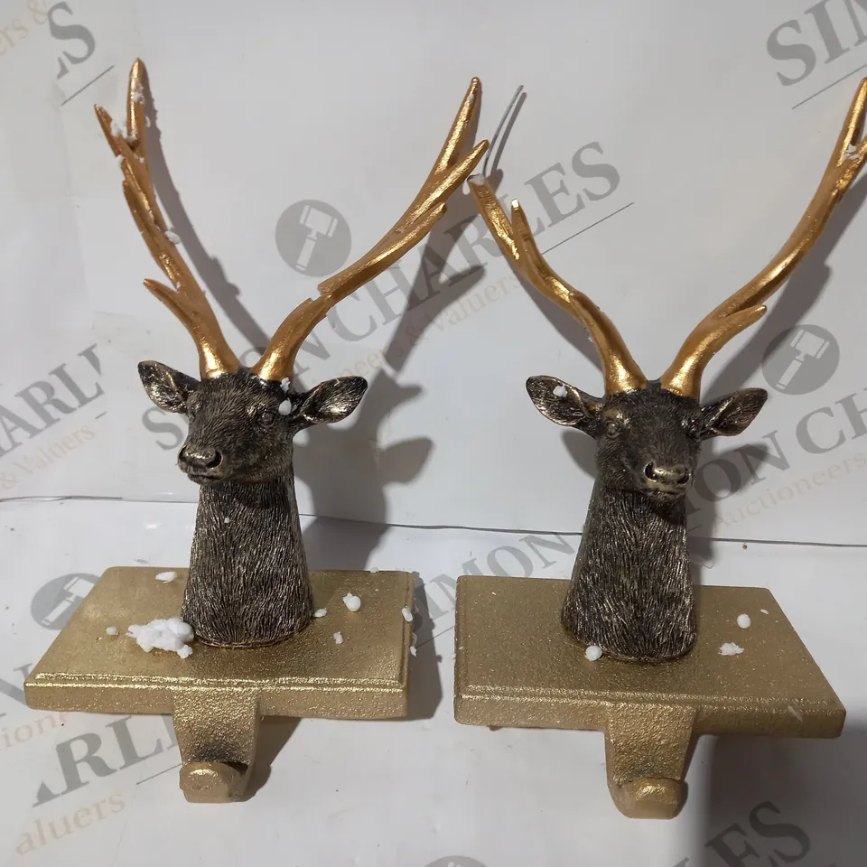 BOXED SET OF TWO ALISON CORK ANIMAL STOCKING HOLDERS - STAG