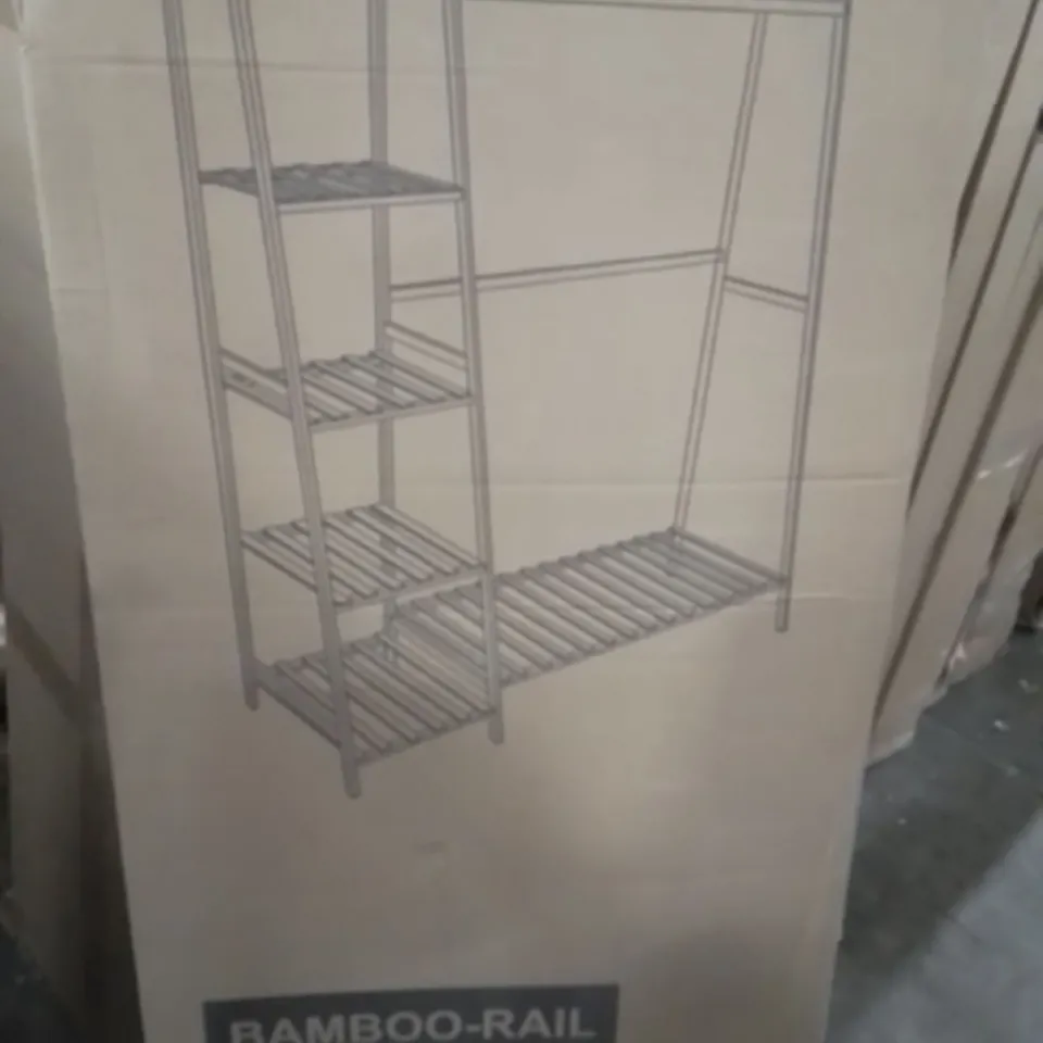 BOXED NEO BAMBOO RACK CLOTHES WITH STORAGE SHELF HANGING RAIL AND SIDE HOOKS