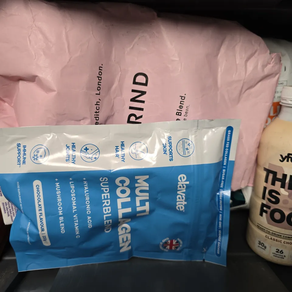APPROXIMATELY 11 ASSORTED FOOD & DRINK ITEMS TO INCLUDE - LMNT ELECTROYTE DRINK MIX , STRAWBERRY JAM , YFOOD SALTED CARAMEL ETC