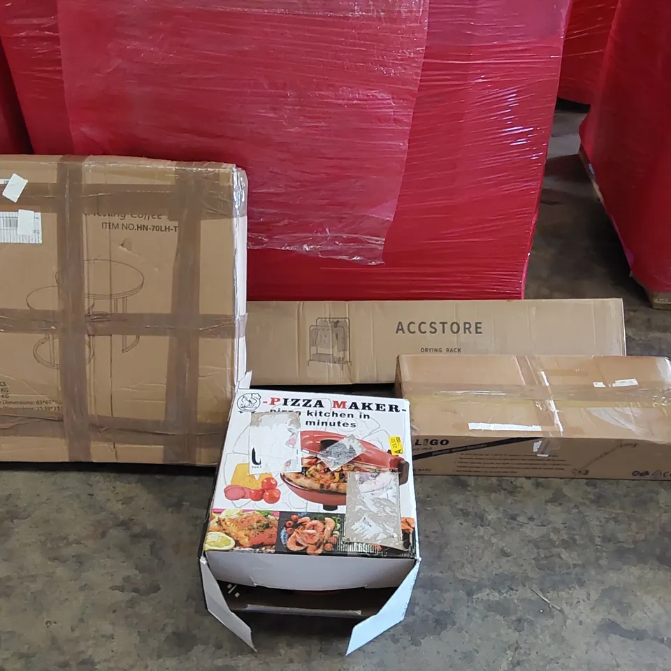 PALLET OF ASSORTED HOMEWARE AND CONSUMER PRODUCTS TO INCLUDE; PIZZA MAKER, ELECTRIC WEED SWEEPER, CLOTHES DRYING RACK, NESTING COFFEE TABLE ECT.