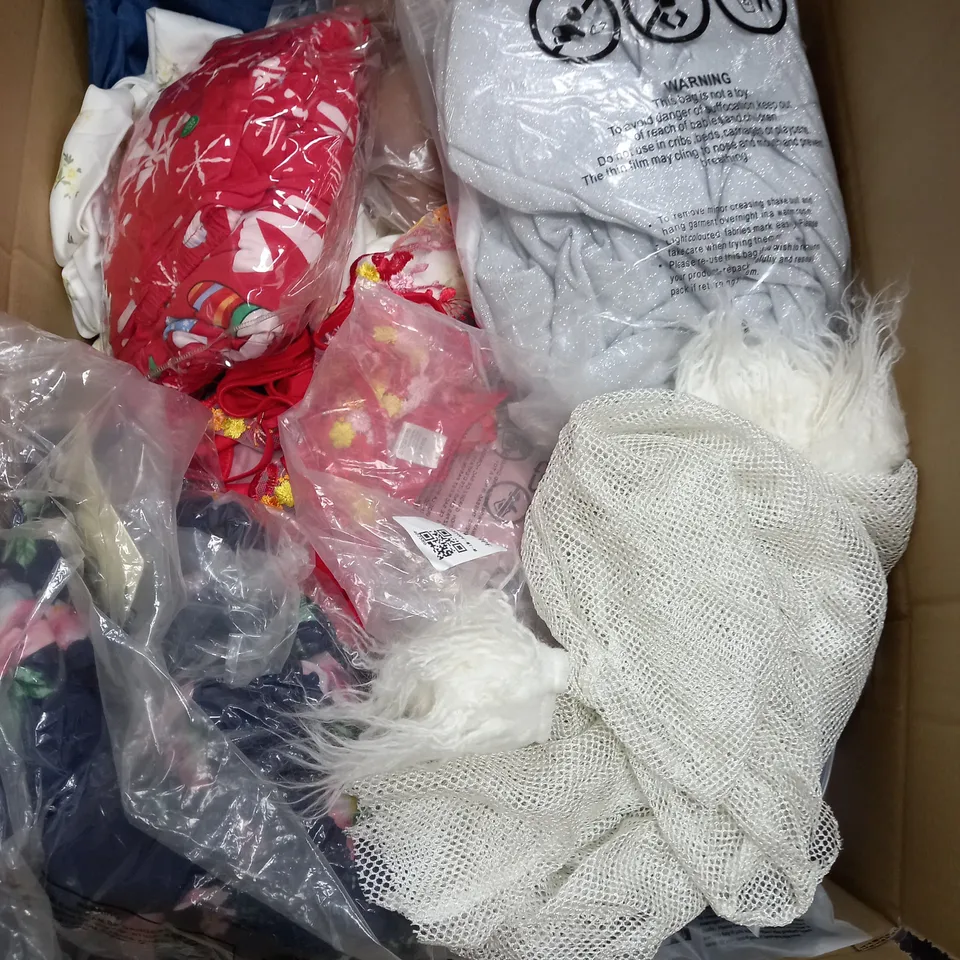 BOX OF APPROXIMATELY 25 ASSORTED CLOTHING ITEMS TO INCUDE - JERSEY , BRA, HAT - ETC