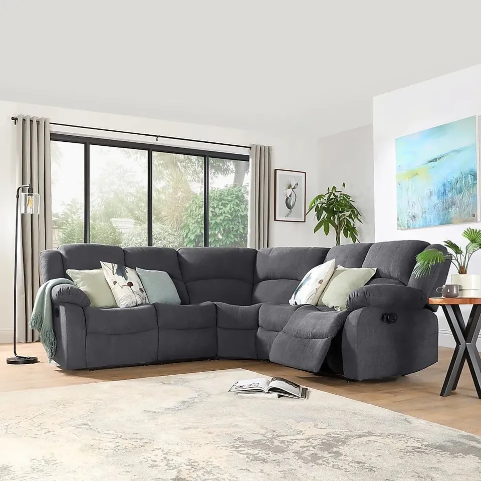 BOXED DESIGNER DAKOTA SLATE GREY PLUSH FABRIC MANUAL RECLINING SOFA-WEDGE CORNER GROUP (3 BOXES)