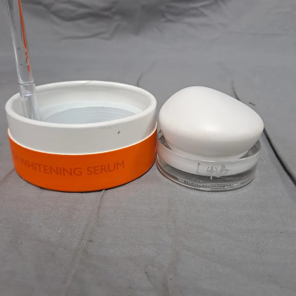 Teeth Whitening Serum – Orange cylindrical packaging with applicator and clear jar