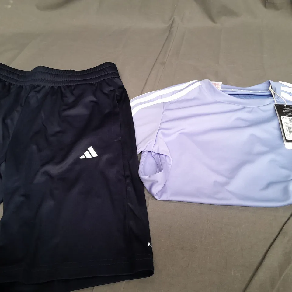 ADIDAS PURPLE T-SHIRT  AND NAVY SHORTS - 11-12 YEARS
