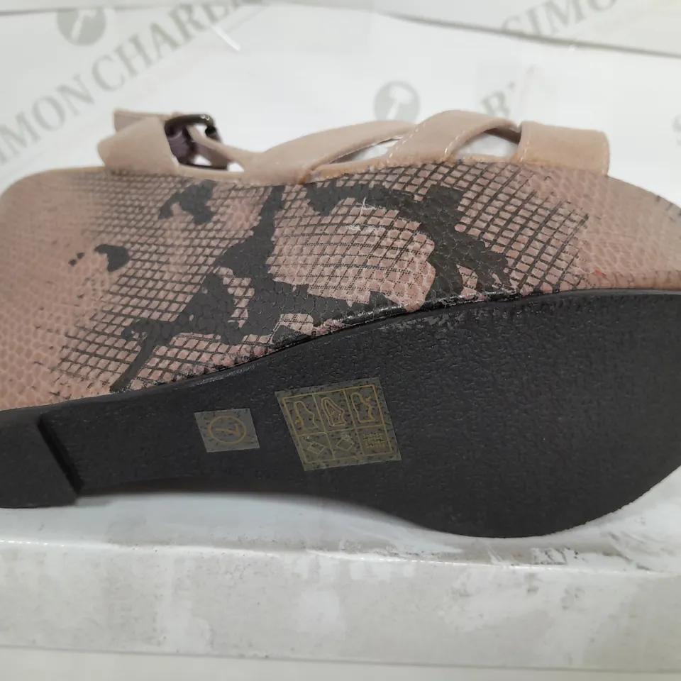 BOXED PAIR OF KRUSH OPEN TOE STRAP PLATFORM SHOES IN MINK - SIZE 7