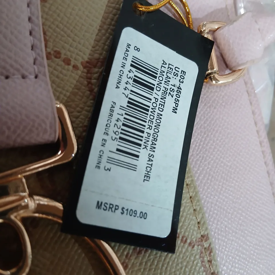 BEBE MONOGRAM SATCHEL BAG – PINK & BEIGE WITH GOLD LOGO HARDWARE