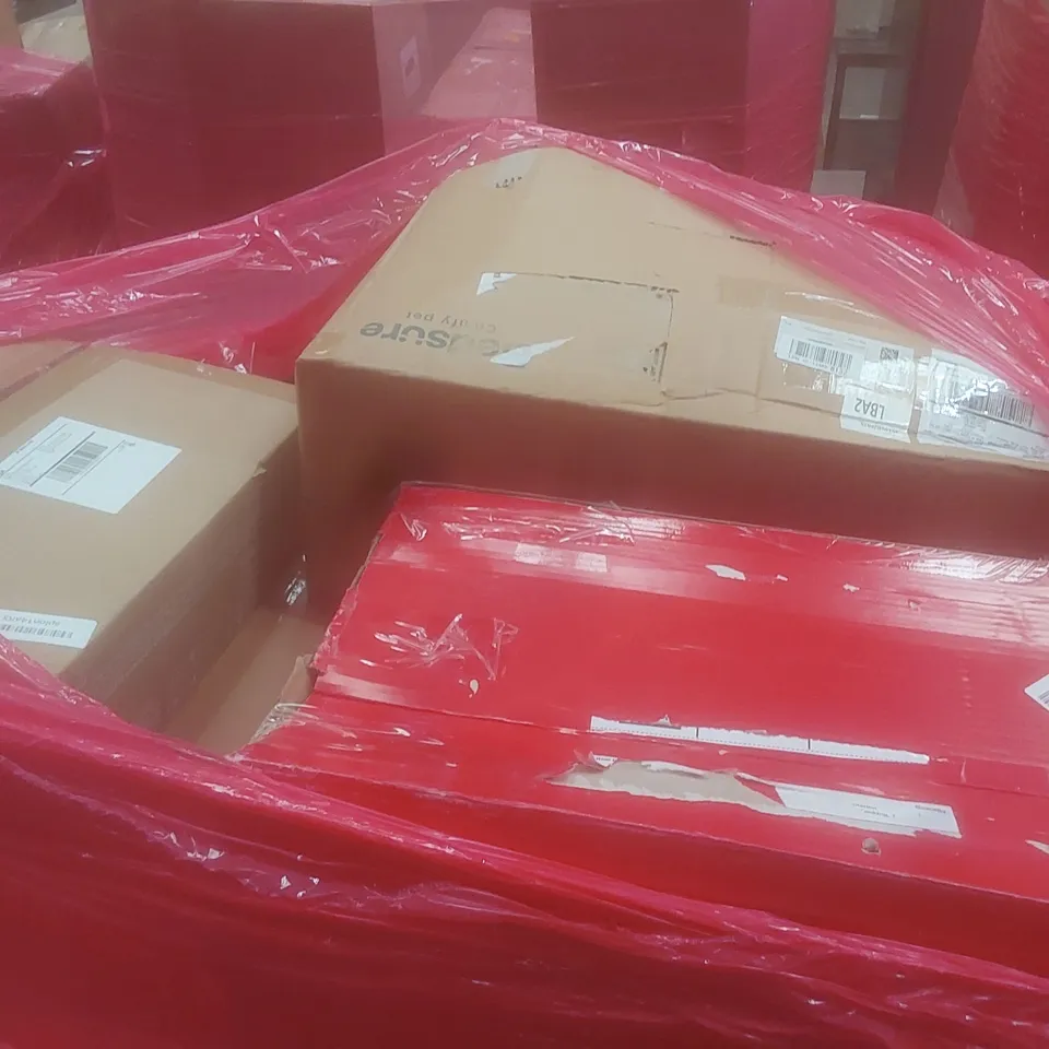 PALLET OF ASSORTED HOUSEHOLD GOODS AND PRODUCTS TO INCLUDE; TRANSPORT DOLLY, A LARGE NUMBER OF KIDS PLAYPENS AND MATS, BOXED FURNITURE ETC 