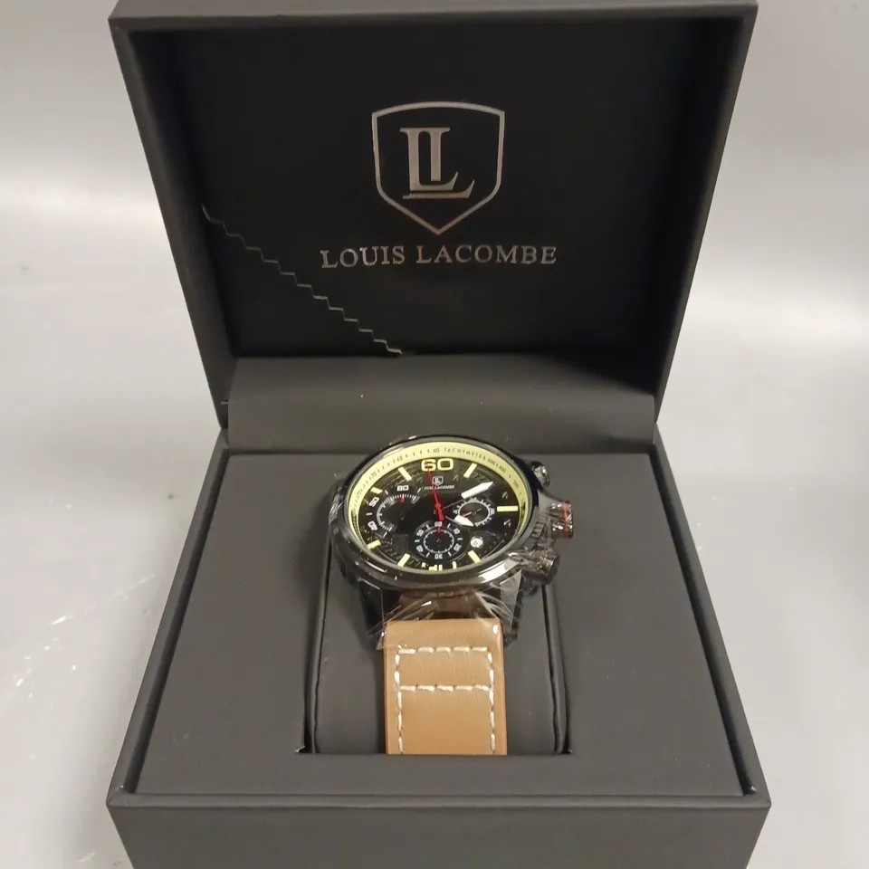 MENS LOUIS LACOMBE CHRONGRAPH WATCH – 3 SUB DIALS – BLACK CASE – LEATHER STRAP