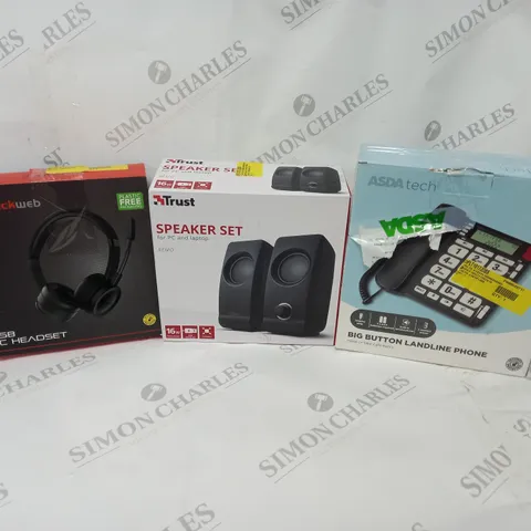 APPROXIMATELY 20 ASSORTED ITEMS TO INCLUDE USB PC HEADSET, STEREO SPEAKERS, BIG BUTTON LANDLINE PHONE ETC.