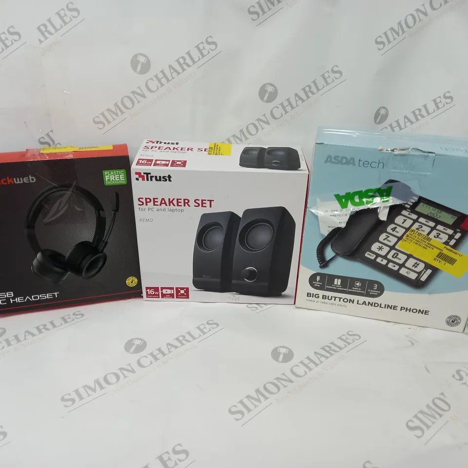APPROXIMATELY 20 ASSORTED ITEMS TO INCLUDE USB PC HEADSET, STEREO SPEAKERS, BIG BUTTON LANDLINE PHONE ETC.