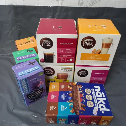 APPROXIMATELY 10 ASSORTED FOOD & DRINK ITEMS TO INCLUDE - DOLCE GUSTO PODS - NAKD RAW FRUIT & NUT BARS - CLIPPER TEA BAGS - ETC