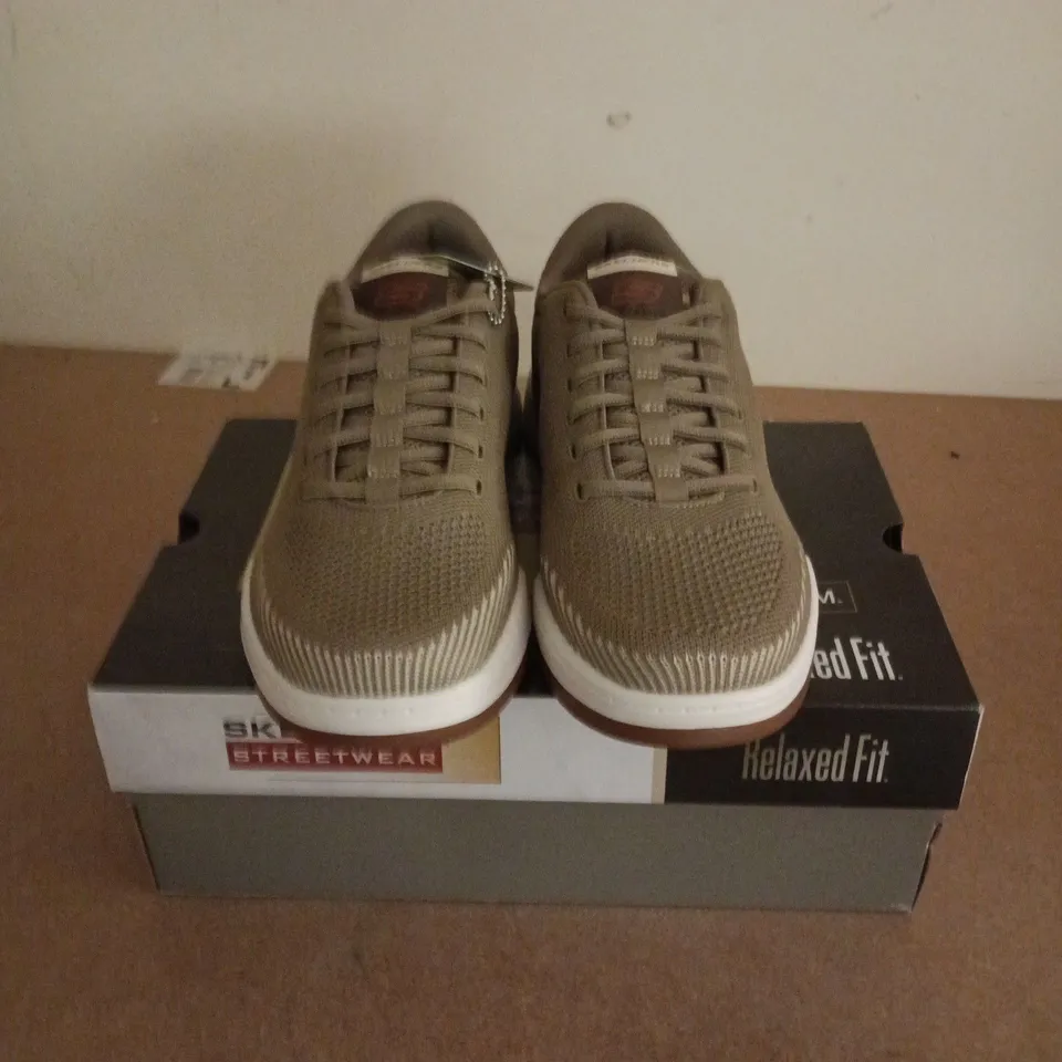 BOXED PAIR OF SKECHERS CORLISS DORSET TRAINERS IN TAUPE - UK 8