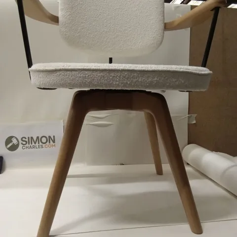 WHITE BOUCLE UPHOLSTERED ARMCHAIR WITH LIGHT WOOD LEGS
