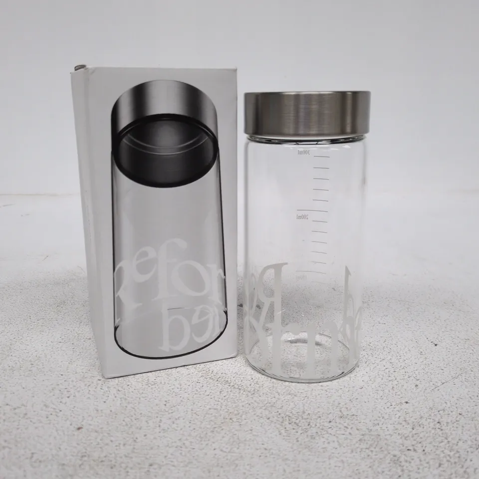 REFORMED GLASS WATER BOTTLE WITH STAINLESS STEEL LID – 300ML – BOXED