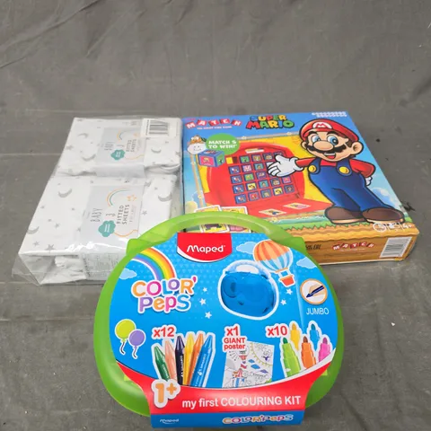 LARGE BOX OF APPROXIMATELY 10 ASSORTED HOMEWARE ITEMS TO INCLUDE TOYS, MUGS AND FITETD SHEETS - COLLECTION ONLY