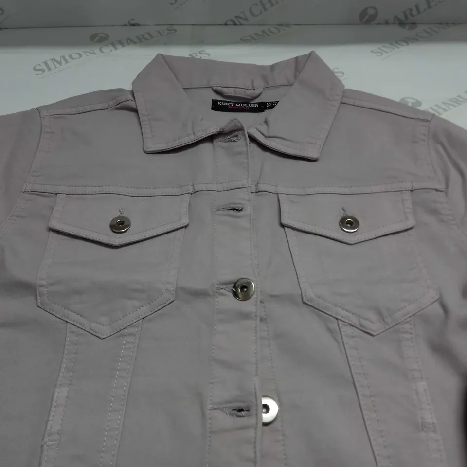 KURT MULLER WOMAN CROP FAUX DENIM JACKET IN PURPLE HAZE - UK 12