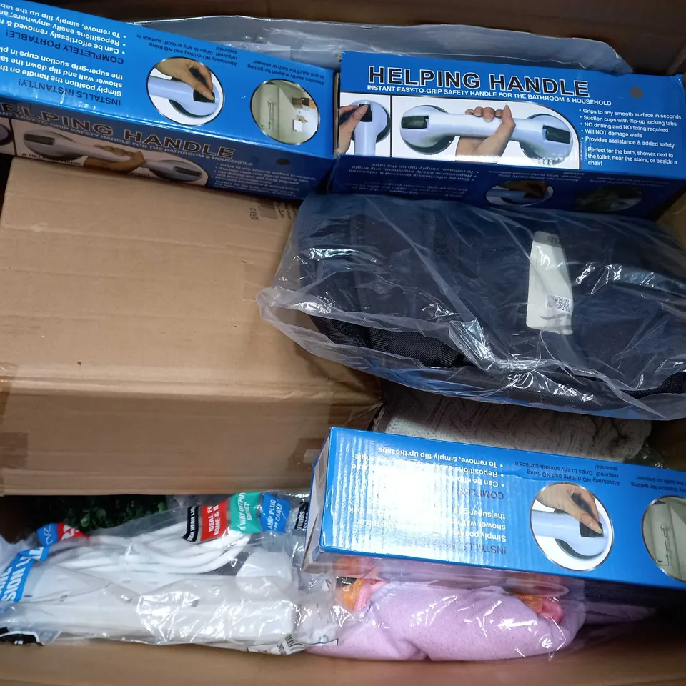 BOX OF APPROX 25 ASSORTED ITEMS TO INCLUDE - HELPING HANDLE - ELPINE 4 GANG EXTENSION LEAD - JOMA BLACK & GREY BACKPACK ECT 