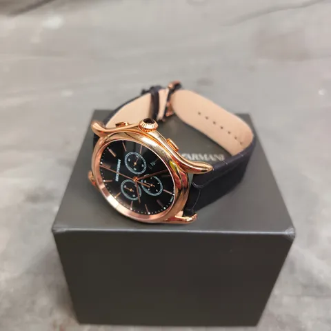 EMPORIO ARMANI CHRONOGRAPH WRISTWATCH – ROSE GOLD-TONE CASE, BLACK DIAL, BLACK LEATHER STRAP 