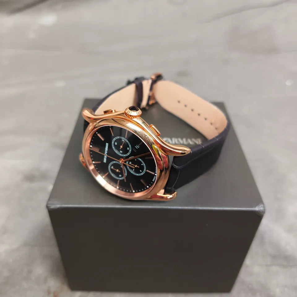 EMPORIO ARMANI CHRONOGRAPH WRISTWATCH – ROSE GOLD-TONE CASE, BLACK DIAL, BLACK LEATHER STRAP 
