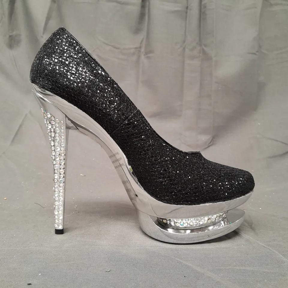 BOX OF APPROXIMATELY 10 BOXED PAIRS OF OCCASIONS BY CASANDRA PLATFORM HIGH HEEL SHOES IN BLACK W. GLITTER & JEWEL EFFECT - VARIOUS SIZES