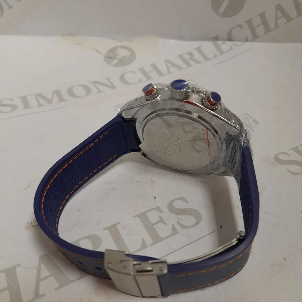 MEN’S RUCKSTUHL CHRONOGRAPH R400 WATCH – SILVER COLOUR CASE – SILVER DIAL – 3ATM WATER RESISTANT – BLUE RUBBER STRAP 