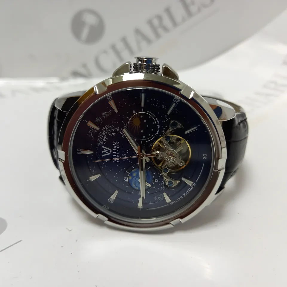 MENS WILLIAM JOURDAIN AUTOMATIC 2580 WATCH – OPEN HEART MOVEMENT WITH SUB DIALS – GLASS EXHIBITION BACK CASE – BLACK GENUINE LEATHER STRAP