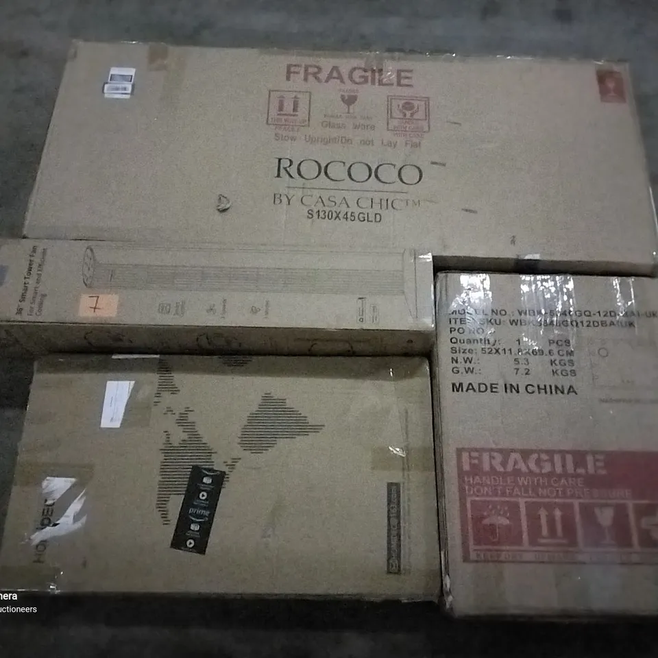 PALLET OF ASSORTED ITEMS INCLUDING ROCOCO MIRROR BY CASA CHIC, HOMIDEC TELESCOPIC LADDER, 36" SMART TOWER FAN, LED BATHROOM MIRROR, DESK CHAIR, RABBITGOO WINDOW FILM 