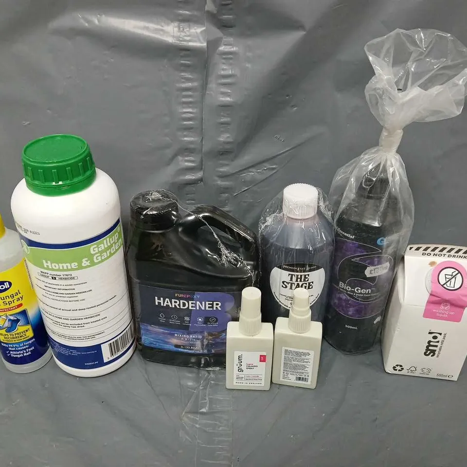 APPROXIMATELY 15 ASSORTED HOUSEHOLD ITEMS TO INCLUDE ANTIFUNGAL SHOE SPRAY, FUNEPOXY HARDENER, WASHING UP LIQUID, ETC - COLLECTION ONLY