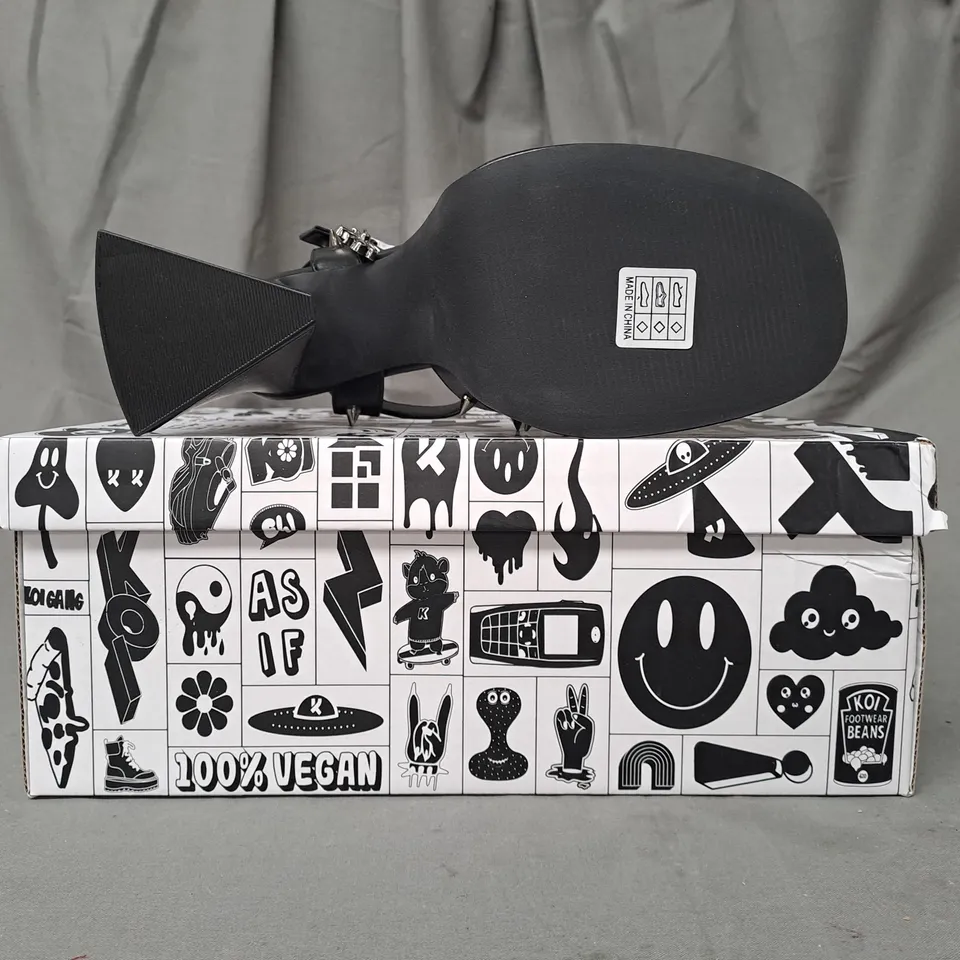 BOXED PAIR OF KOI VEGAN ANGEL MIST PLATFORM HEELS IN BLACK UK SIZE 6