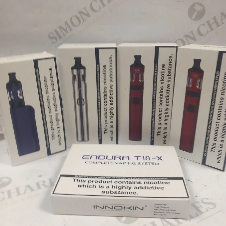 5 ASSORTED BOXED INNOKIN VAPING PRODUCTS TO INCLUDE; ENDURA T18-X, ENDURA T20 S AND EZ.WATT